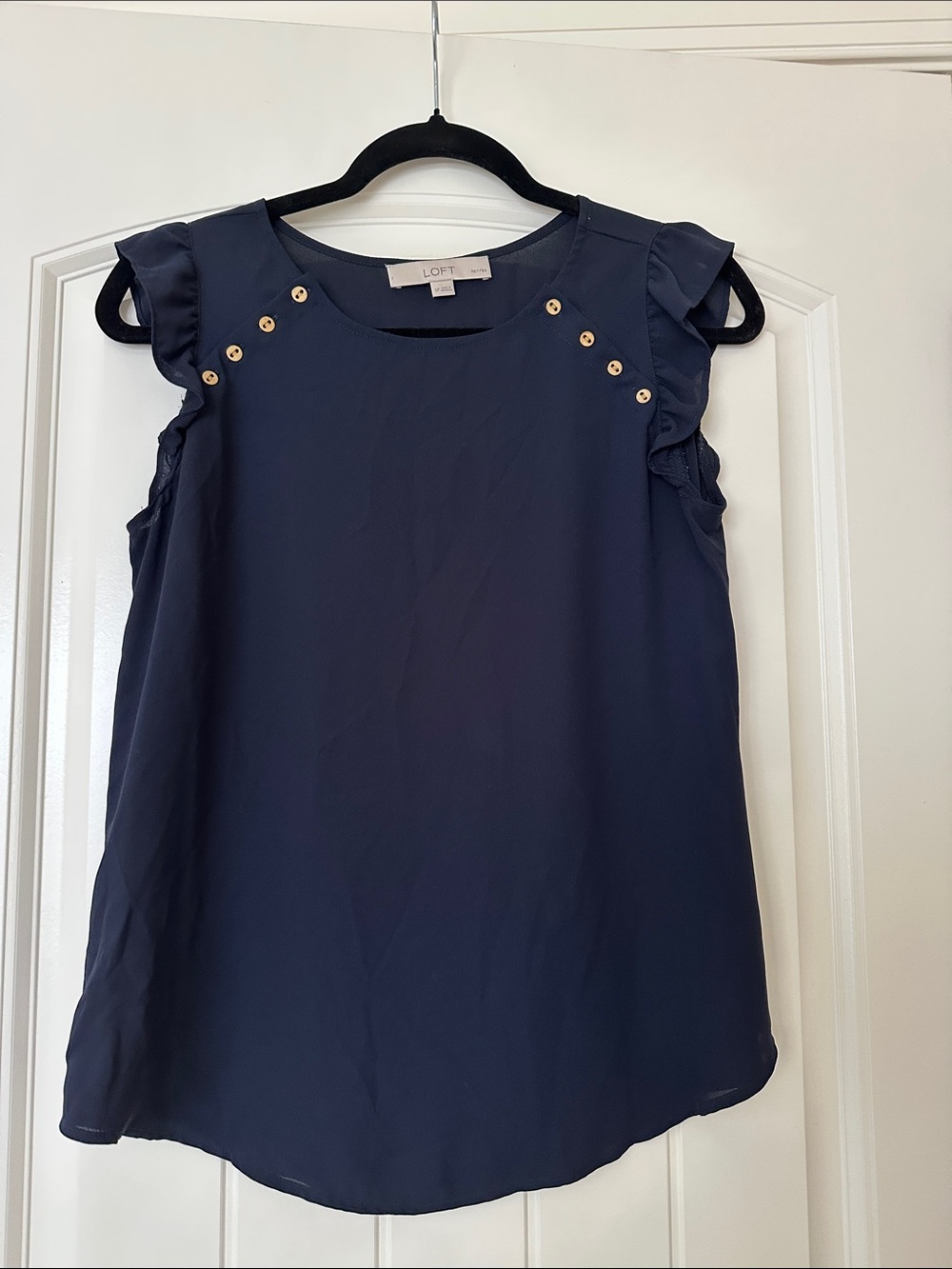 LOFT Navy Ruffle Sleeve Shell Top with Gold Button Accents SP